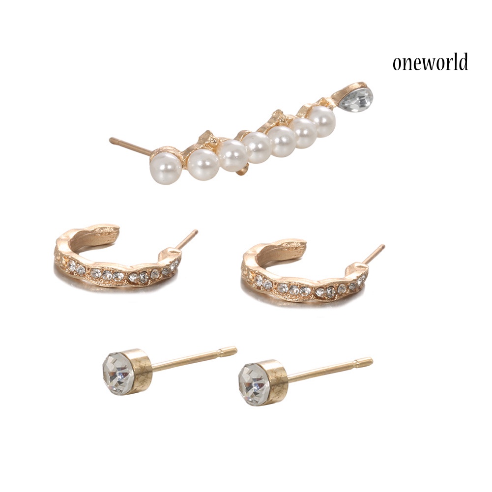 OW# 5Pcs Women Fashion Rhinestone Faux Pearl Geometric Stud Earrings Jewelry Gift