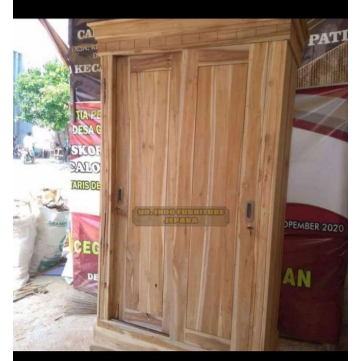 Almari lemari pakaian kayu jati pintu 2 sliding mentah
