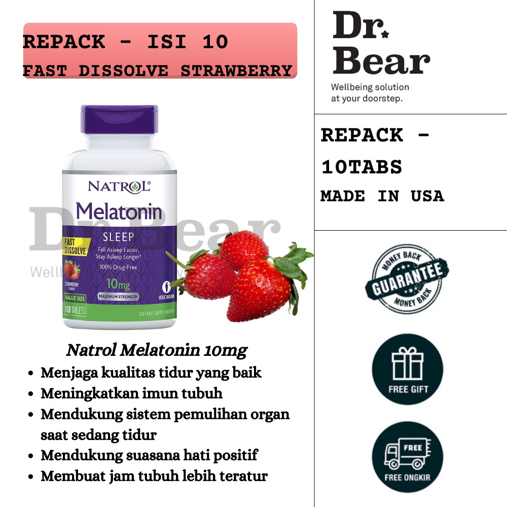 Repack Natrol Melatonin 10 Mg Fast Dissolve strawberry 10Tabs / Tidur Nyenyak/ Insomnia/ Gelisah/ Ce