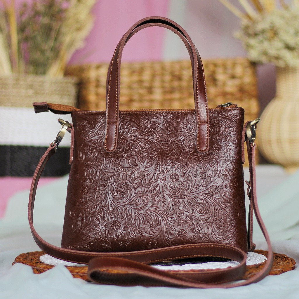 NEW !! TAS KULIT ASLI SLEMPANG MODEL MINI RACHEL KULIT SAPI MOTIF BATIK HAVANA / FREE GRAVIR NAMA