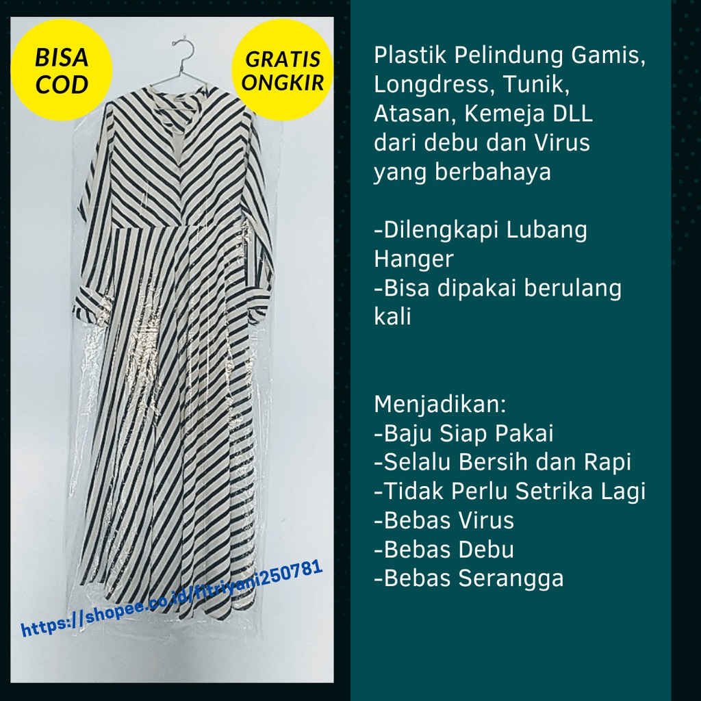 PLASTIK LAUNDRY GAMIS COVER PELINDUNG DARI DEBU, VIRUS, KECOA, SERANGGA UKURAN 60X90 60X100 45X110 6