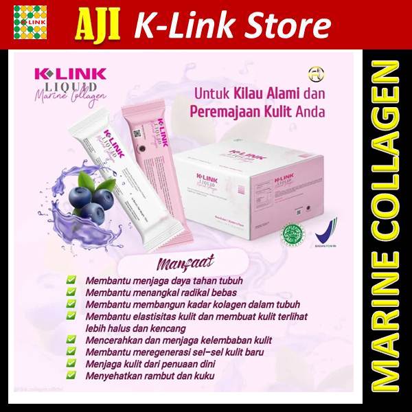 K Link Liquid Marine Collagen Rasa Blueberry 1 Box isi 10 Sachet & 30 Sachet Original Marin Kolagen 