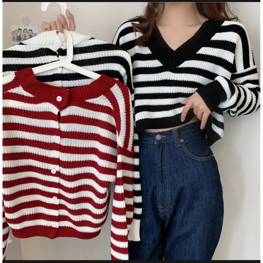 Belleza Outlet baju rajut Cardigan rajut atasan wanita Natalia Stripe