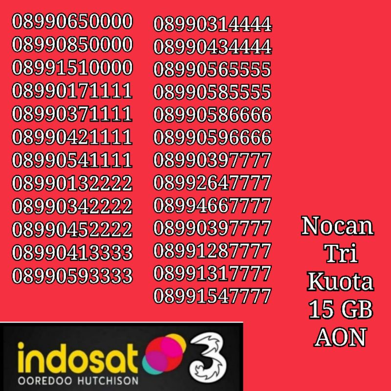 Nomor Cantik Nocan 11 Digit Kuartet Kartu Perdana Tri 3 Three 4G LTE Kuota 15 GB AON