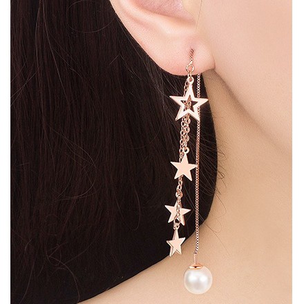 925 Perak Anting-Anting Panjang Wanita Pearl Lima Menunjuk Bintang Beruntung Daun Rumput Rumbai Ornamen