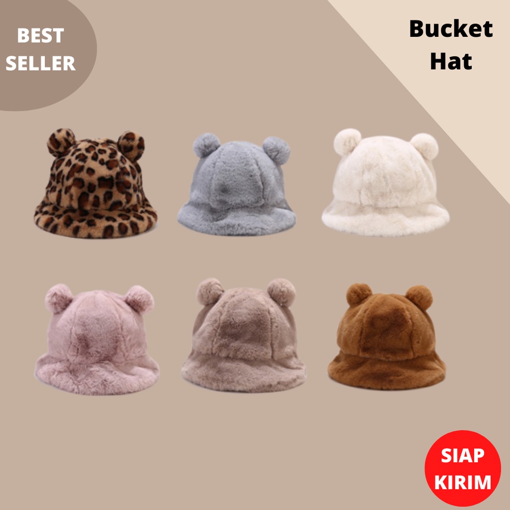 Topi Bucket Wanita Dewasa Ada Pom pom Bahan Bulu Lembut Hangat