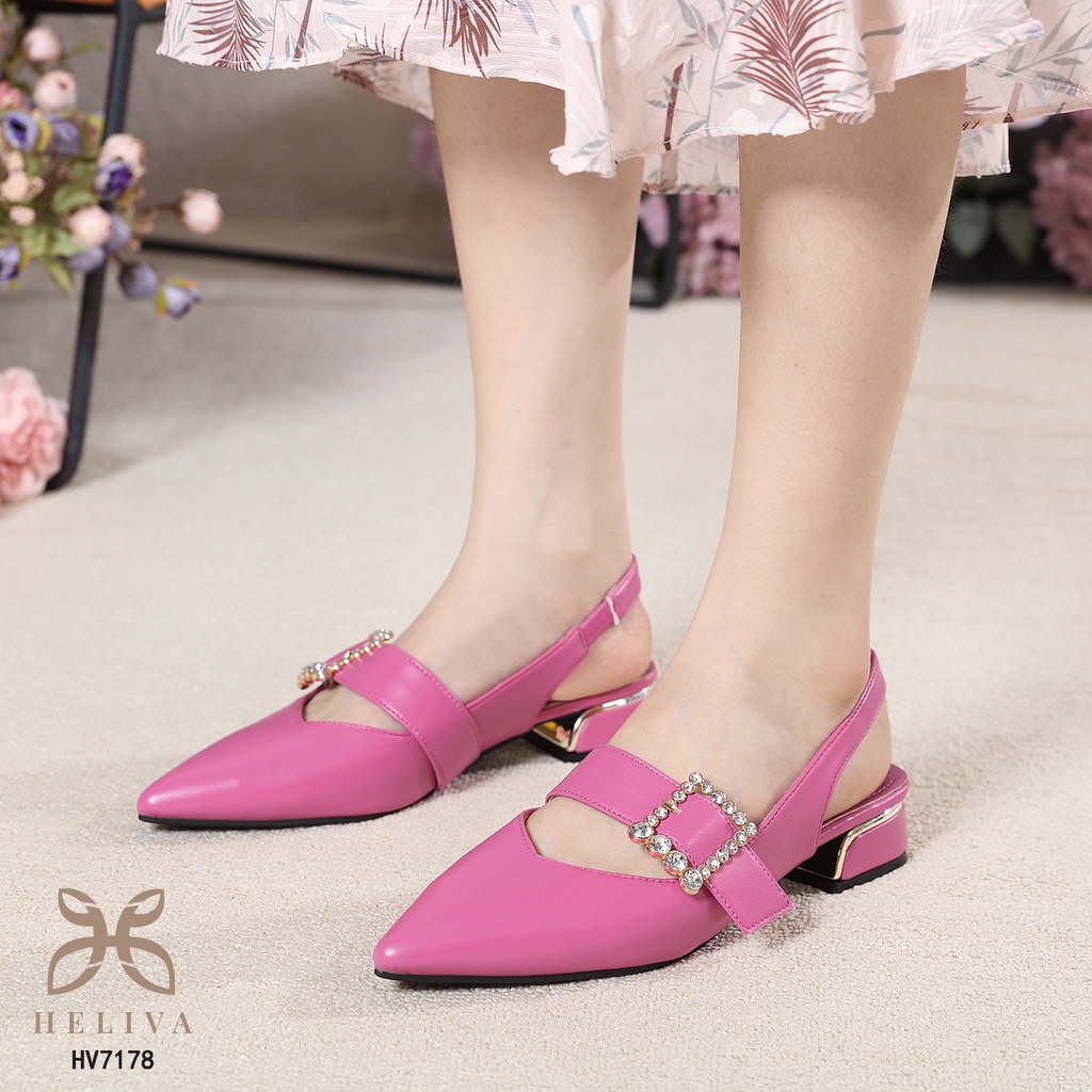 HELIVA NIKITA Sling Back Low Heels 3cm Sepatu Lancip Gesper Bahan Kulit HV7178 Original Brand