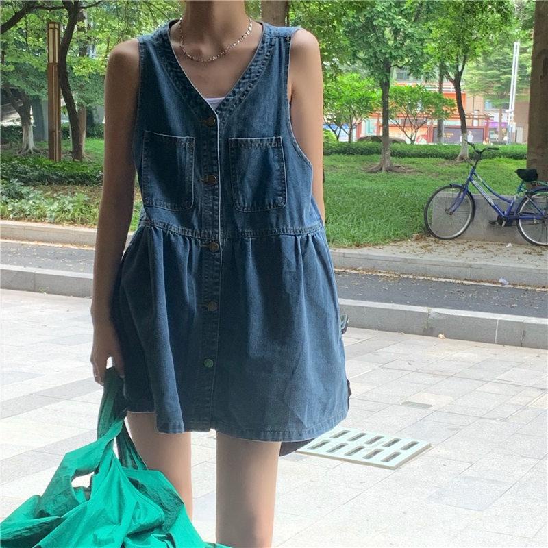 Rok Denim Brace Wanita Tanpa Lengan Tali Rompi Rok Pendek A-line Rok Korean Style Fashion