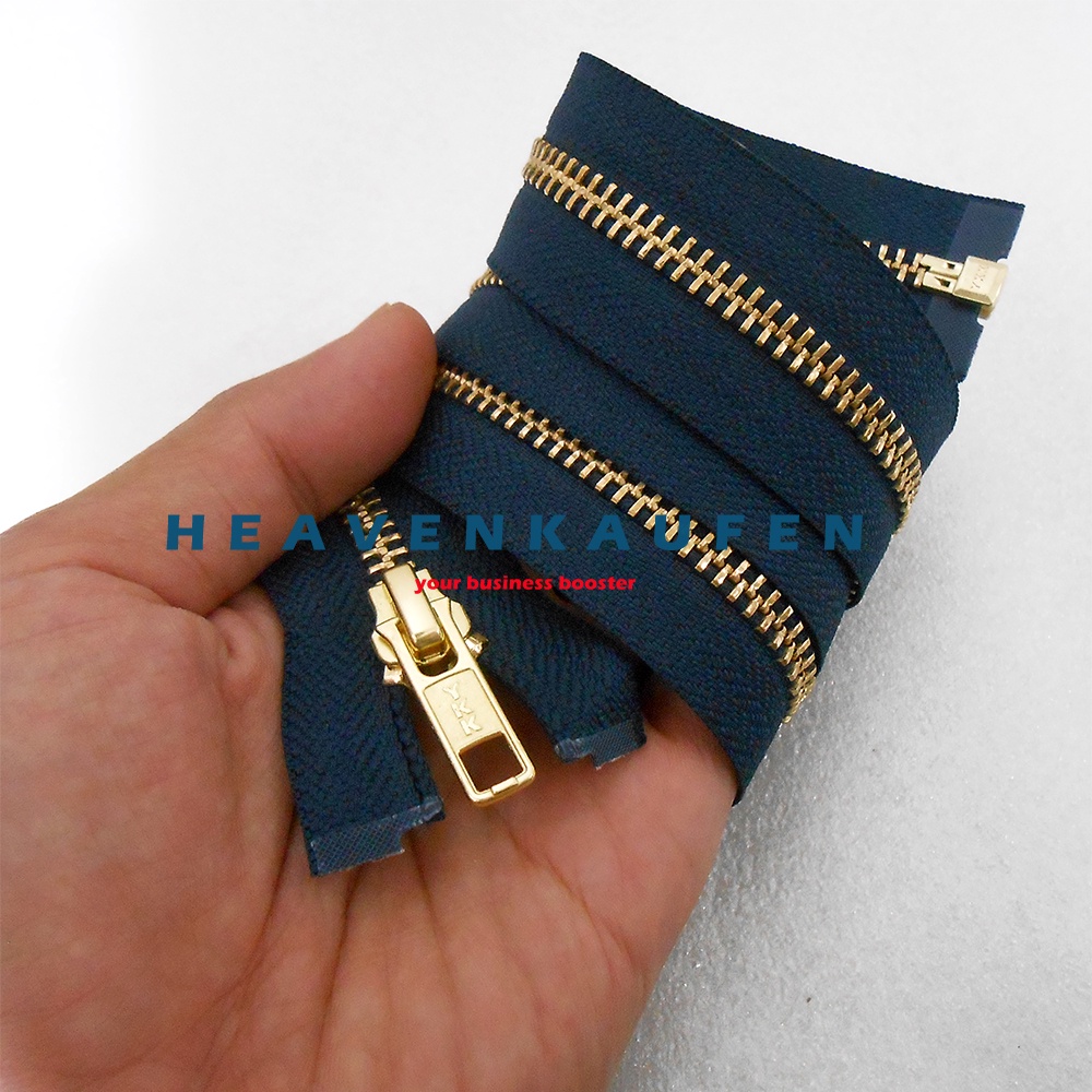 Resleting Zipper Jaket YKK 60 cm Atau 24 inch Type Gigi Besi Warna Biru Dongker Navy - Gold Emas Set Open End Buka Lepas