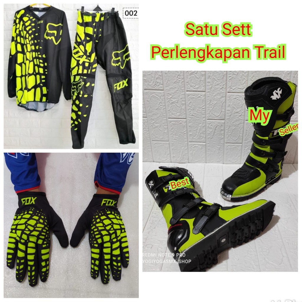 jerseyset cross , sepatu trail &amp; sarung tangan motor cross trail FULSET fx stabilo hitam