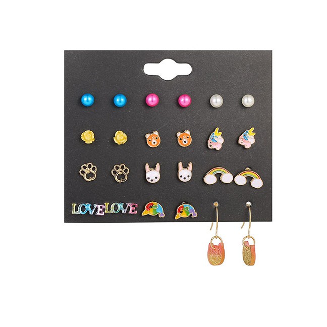 LRC Anting Set Fashion Color Pearl Rainbow Puppy Flower Earring Set D60884