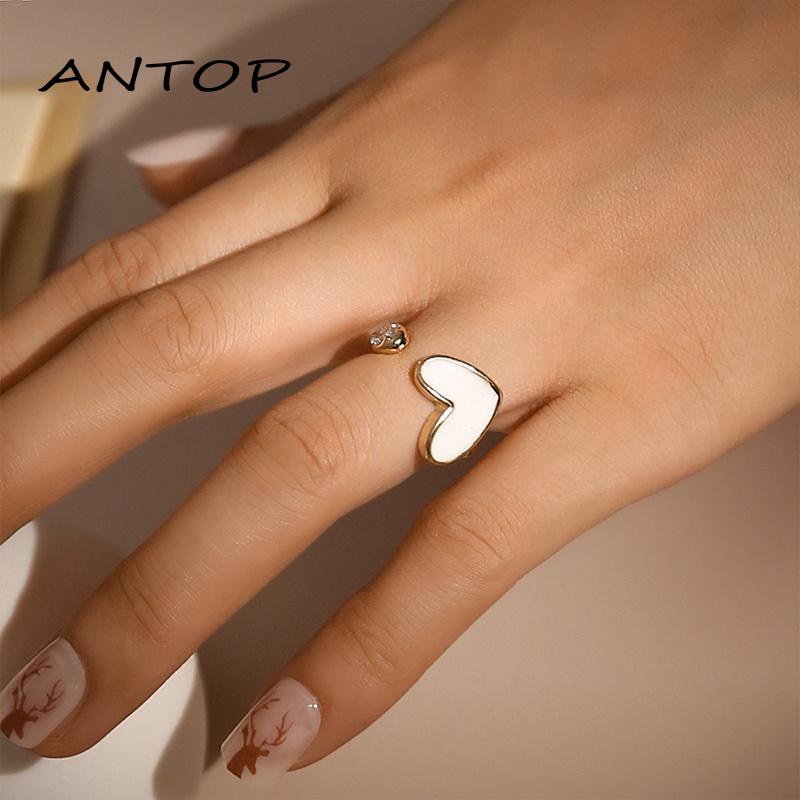 Cincin Model Terbuka Adjustable Desain Hati Hias Berlian Imitasi Untuk Wanita