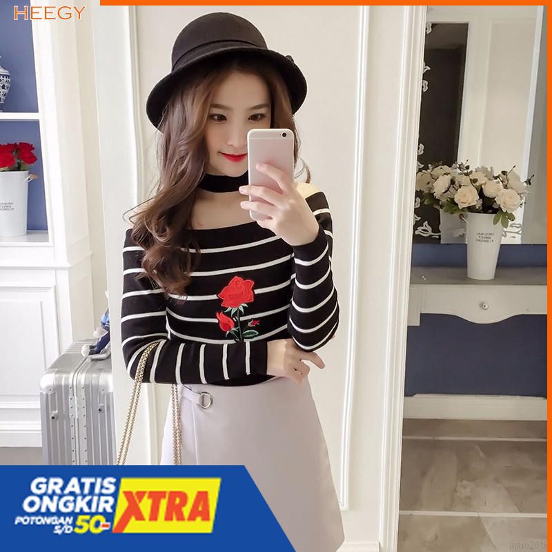 Blouse Slim Kerah Slash Motif Garis Bordir Bunga Gaya Wanita Korea