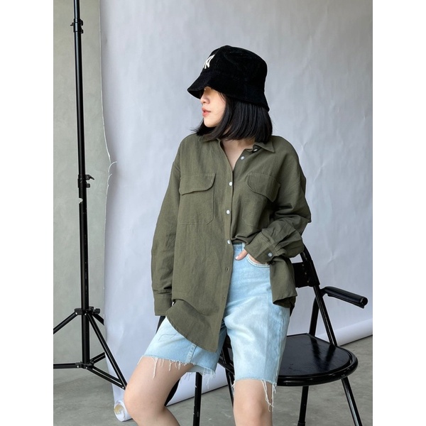 SIVALI Kemeja Oversize Linen Wanita Double Pocket | Linen Shirt - Atasan Lengan Panjang 3304