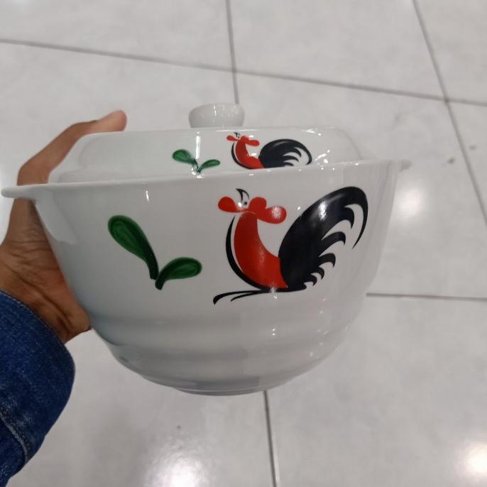 {{{{}}] mangkok besar keramik tutup motif ayam jago saji