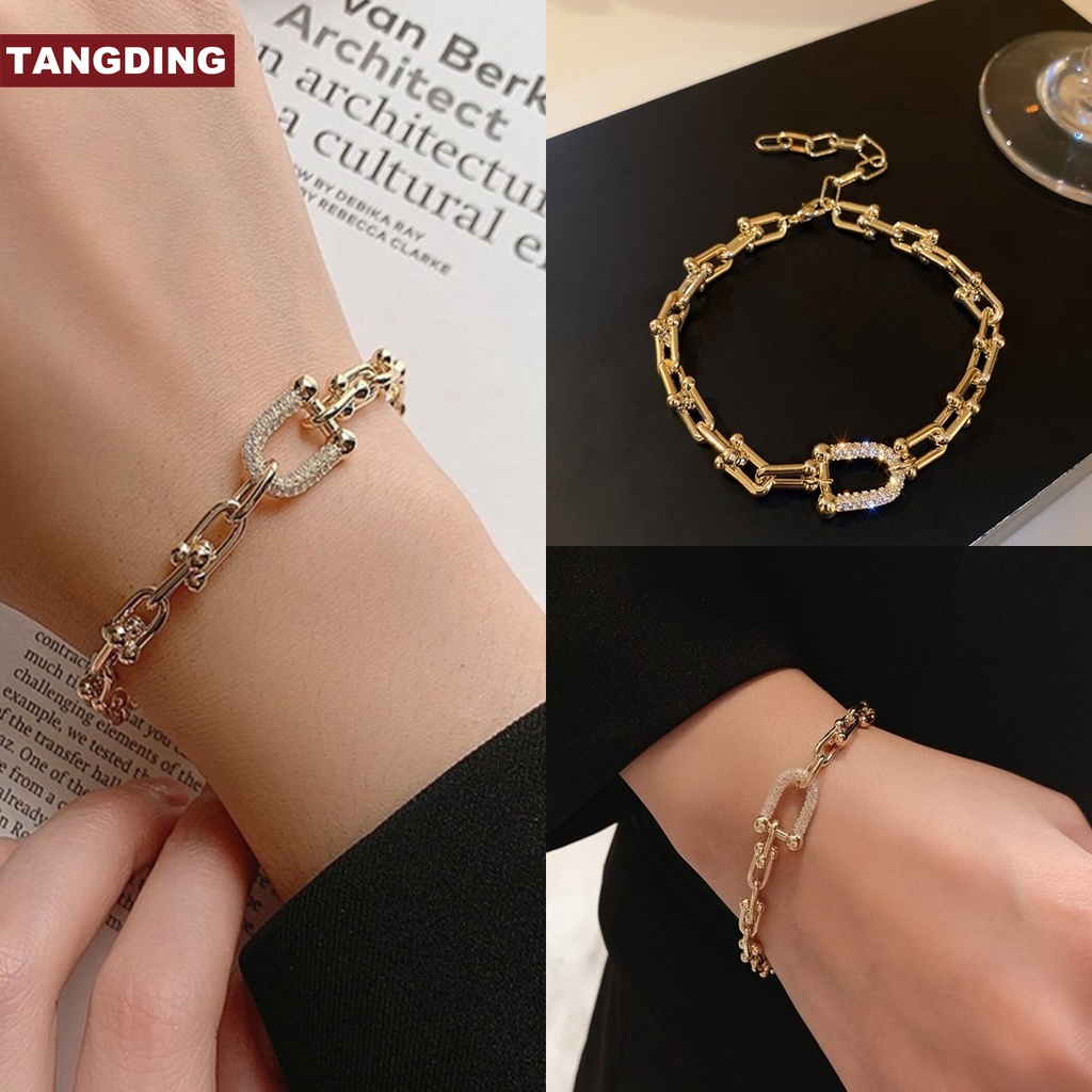 【COD Tangding】Geometry U Shape Diamond Metal Chain Bracelet Fashion Women Party Accessories Jewelry