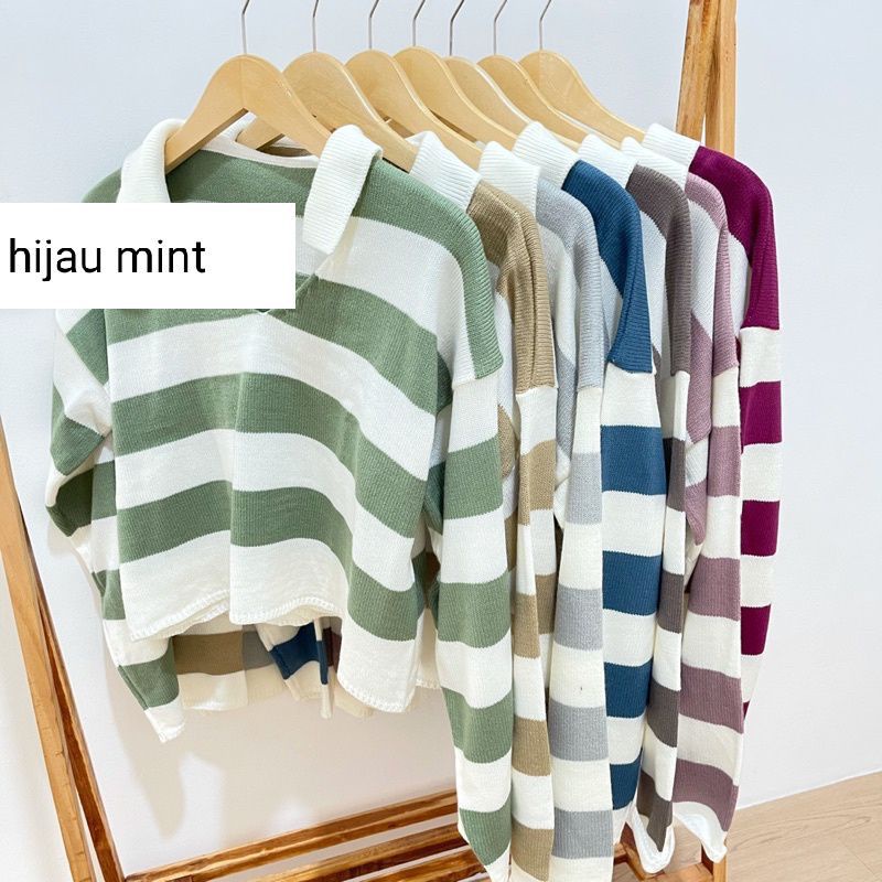 Sweater Rajut Wanita Atasan Crop Top Blaster Stripe