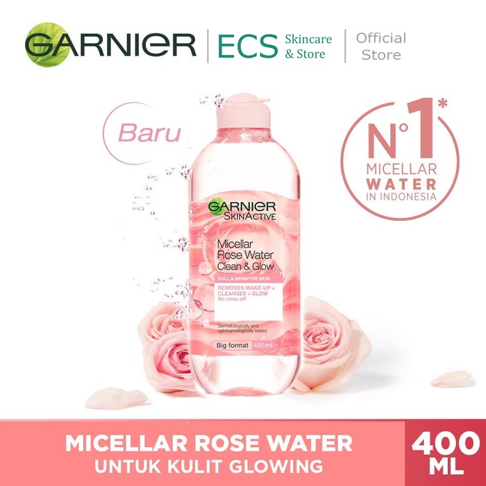 Garnier Micellar Rose Water Cleanse &amp; Glow 125ml / 400ml - Pembersih Wajah Kulit Kusam &amp; Sensitif