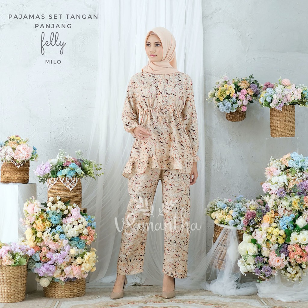 vSamantha - Pajamas Set / Piyama Set Muslim Rayon Rempel Busui Friendly - Tangan Panjang-Felly Milo