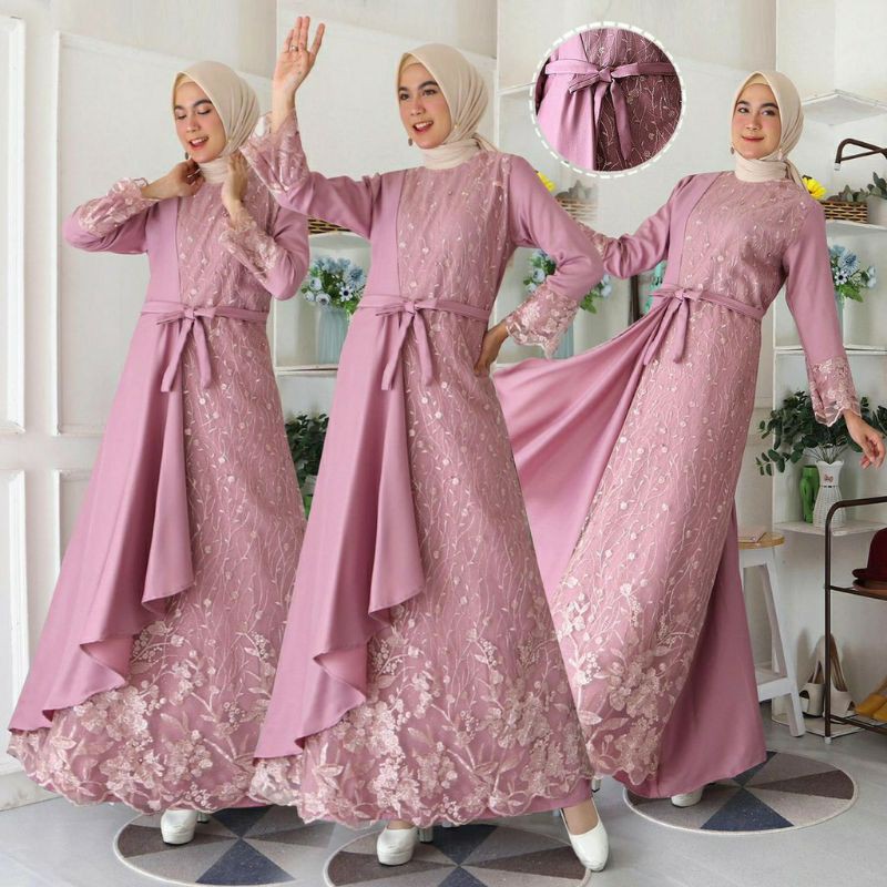 (100% RealPict) Gamis Mafaza Brokat TilLe Bordir Maxi Dress Lebaran Brukat Tulle Baju Muslim