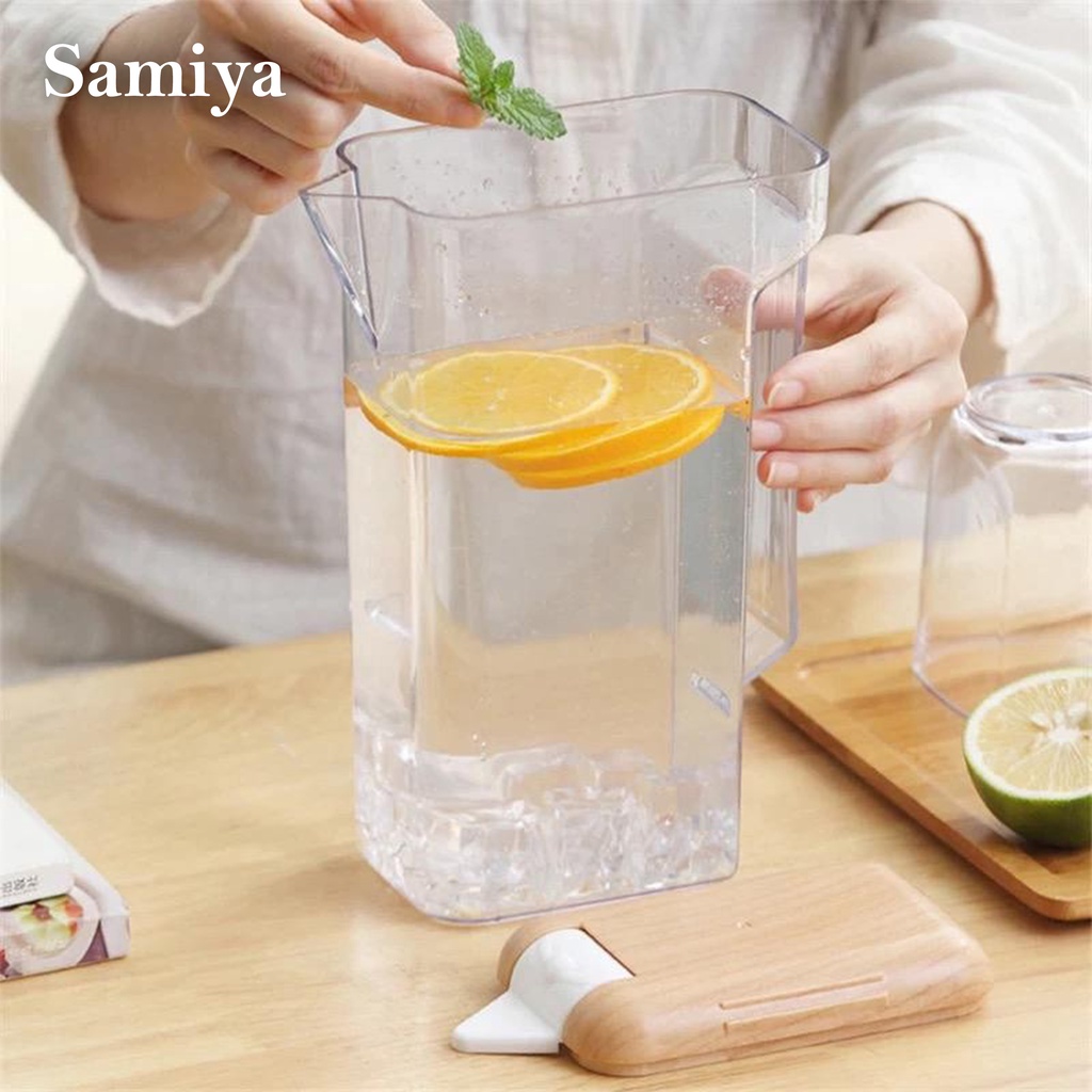 botol tempat air minum nordic style wood cover plastic / pitcher minuman set transparan free gelas