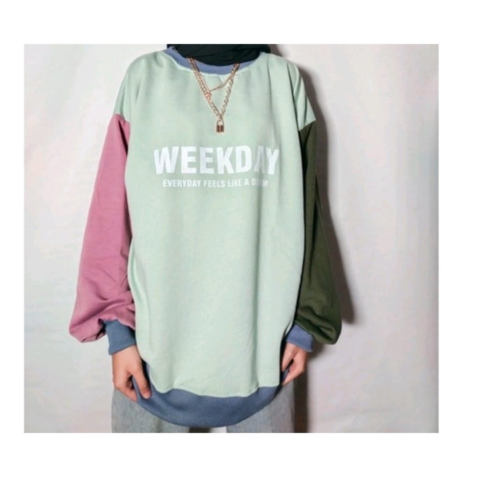 WEEKDAY COMBI COLOUR SWEATER WANITA CREWNECK BAHAN BABYTERRY