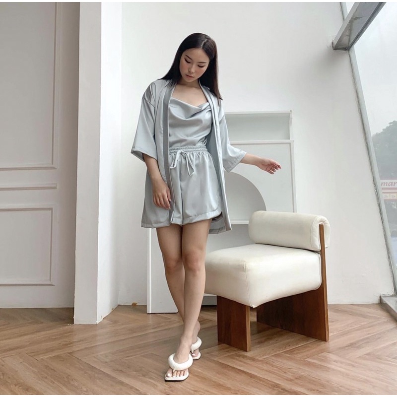 SILKY KIMONO 3 IN 1 SET LOUNGEWEAR PREMIUM KOREA - SLEEPWEAR BAJU TIDUR DEWASA - BRIDESMAID - SESERAHAN PERNIKAHAN - BAJU RIAS - KADO / HADIAH ULTAH CEWEK