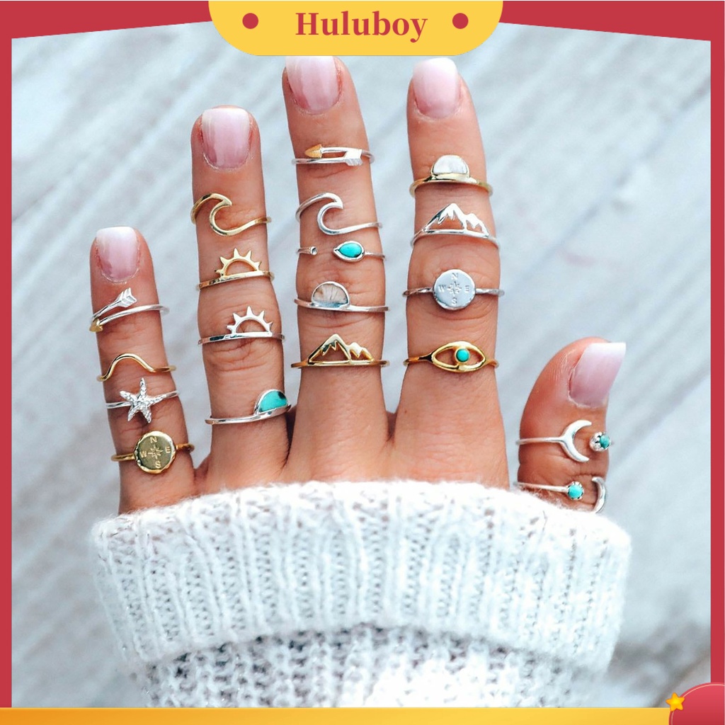 Hu Hu Hu Hu Hu Alat Bantu Pasang Kacamata♡ 19pcs / Set Cincin Model Terbuka Desain Ombak Hias Turquoise Gaya Boho / Etnik Untuk Wanita