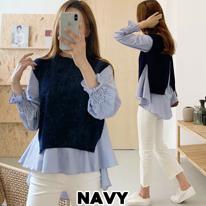 KARAKOREA 9630 Rachel Knit Blouse Set/Blouse Wanita Korea/kemeja wanita casual