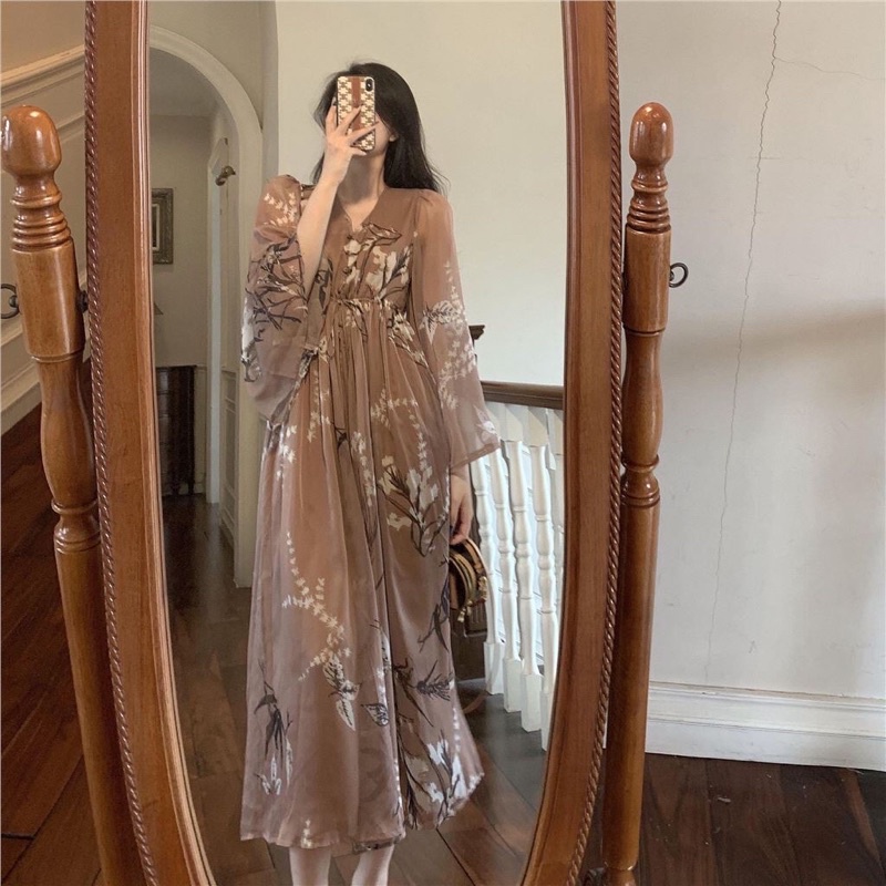 PRE ORDER 4-6 WEEKS - Gaun lembut temperamen Jepang rok panjang Dress terbuka rok sifon desain Korea