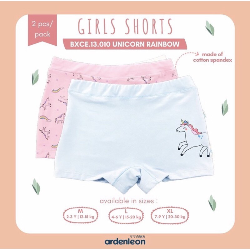 ARDENLEON (2pcs) Celana Dalam Anak Perempuan Girl Short Boxer Unicorn Rainbow