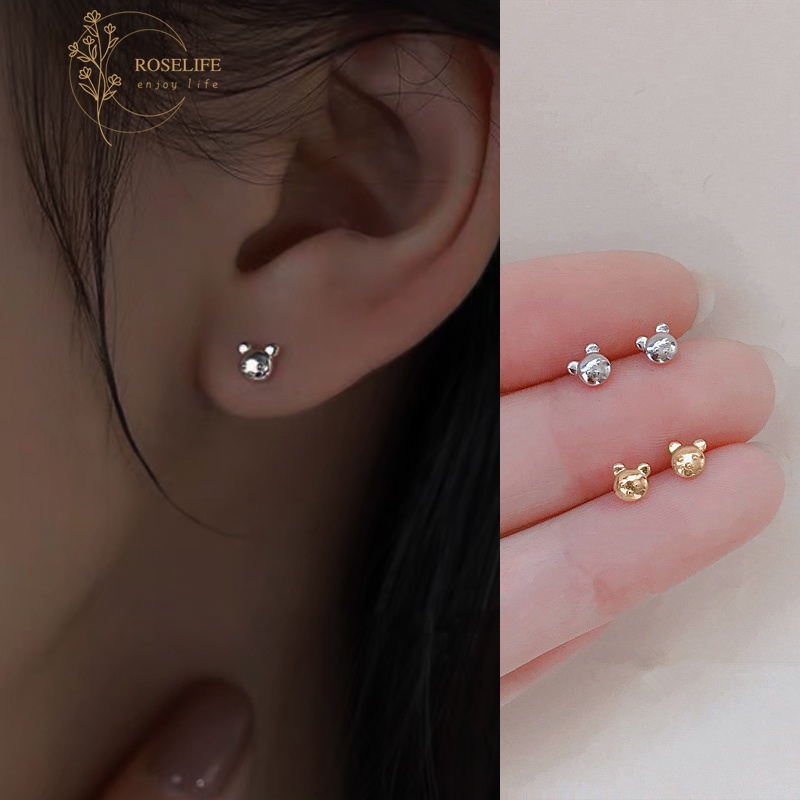 Roselife 1 Pasang Anting Tusuk Sterling Silver 925 Desain Beruang 3D Gaya Korea Anti Alergi Untuk Wanita