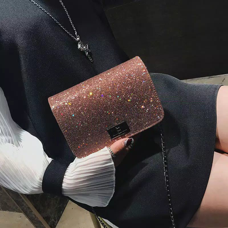 tas wanita gliter brown selempang tali besi