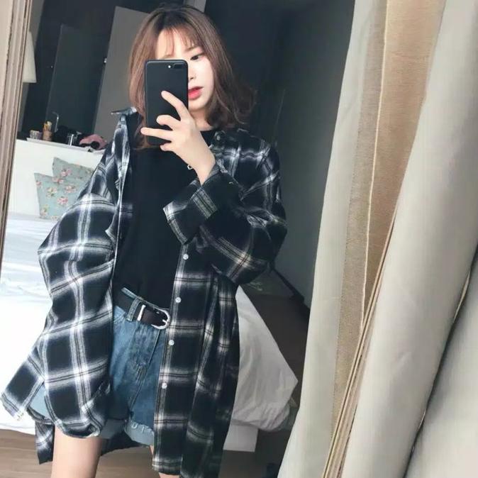 Baju Wanita Retro Korea Kemeja Kotak-Kotak Jaket Lengan Panjang Atasan