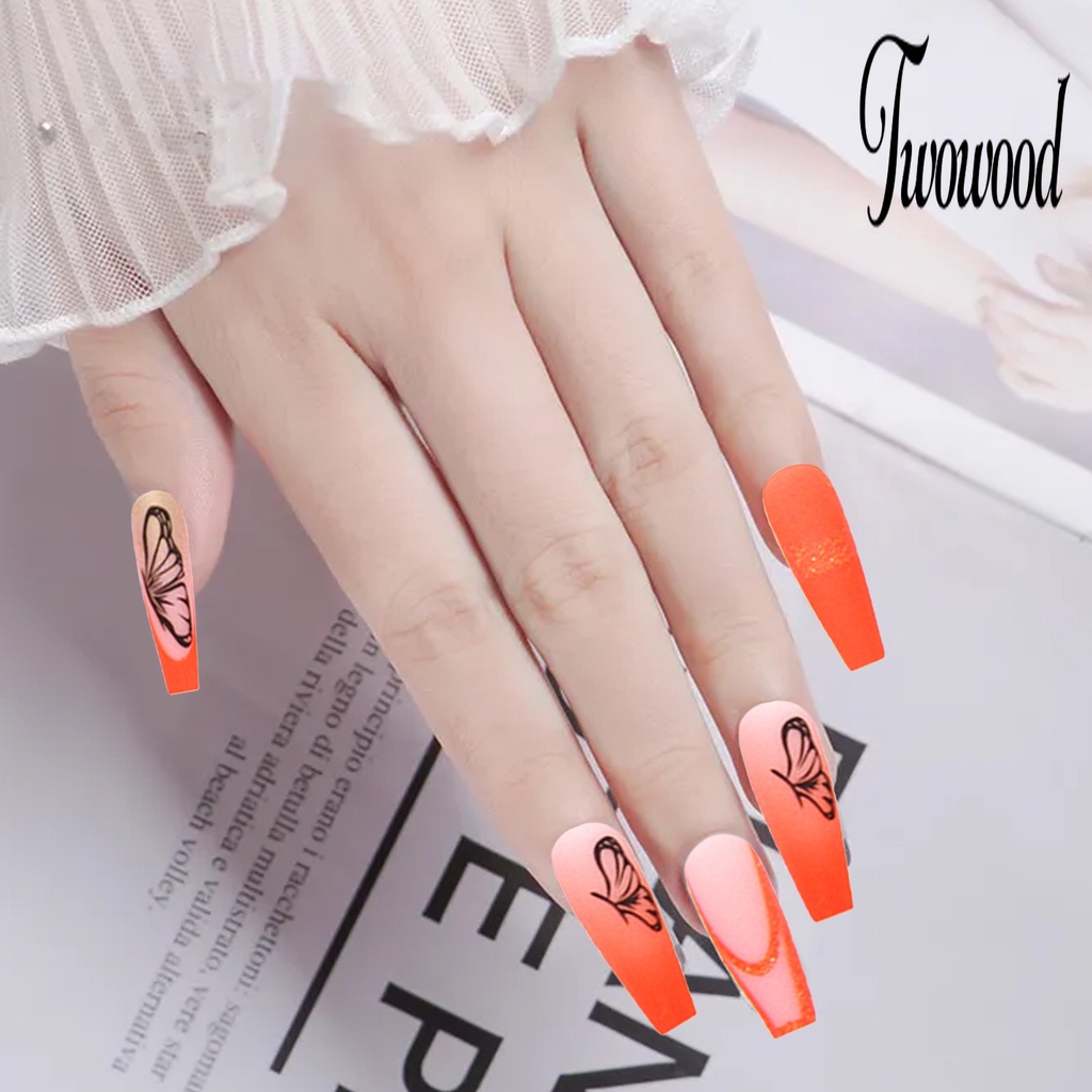 Twowood 24Pcs / Set Kuku Palsu Motif Kupu-Kupu Bahan ABS Tahan Pudar Untuk Nail Art / Manicure
