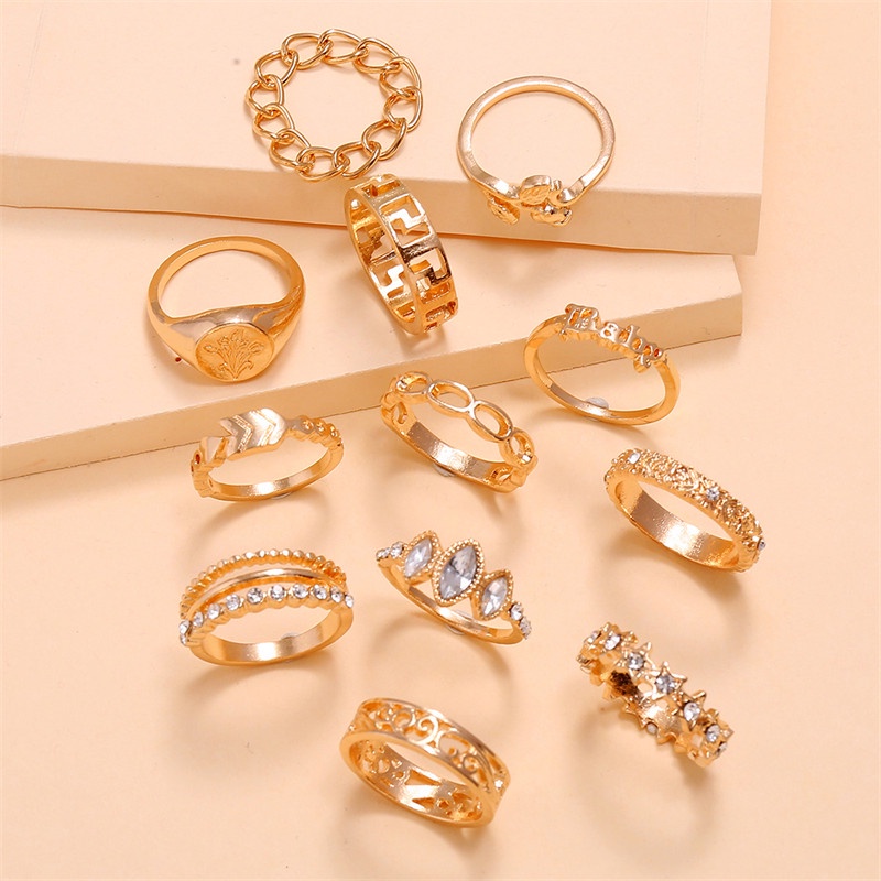 12pcs / Set Cincin Rantai Desain Ukiran Bunga Mawar Tulip Panah Bintang Gaya Bohemian Untuk Wanita