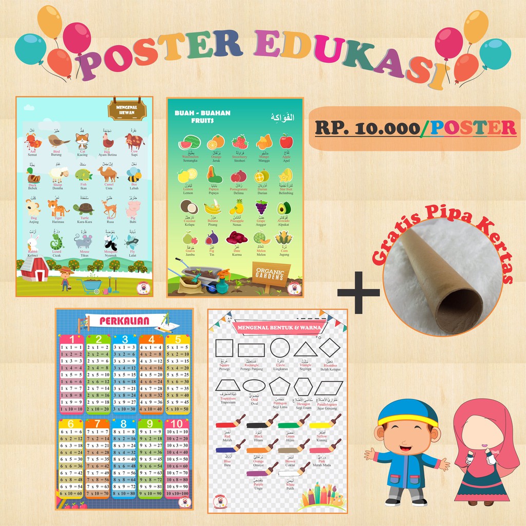 POSTER EDUKASI ANAK BALITA POSTER PENDIDIKAN ANAK PAUD BALITA MENGENAL HURUF ALFABET ANGKA HIJAIYAH