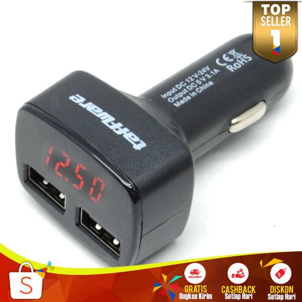 Dual USB Car Charger Handphone+LED Display Aukey Cas Dalam Mobil 2 Port USB Smartphone Charge Gadget