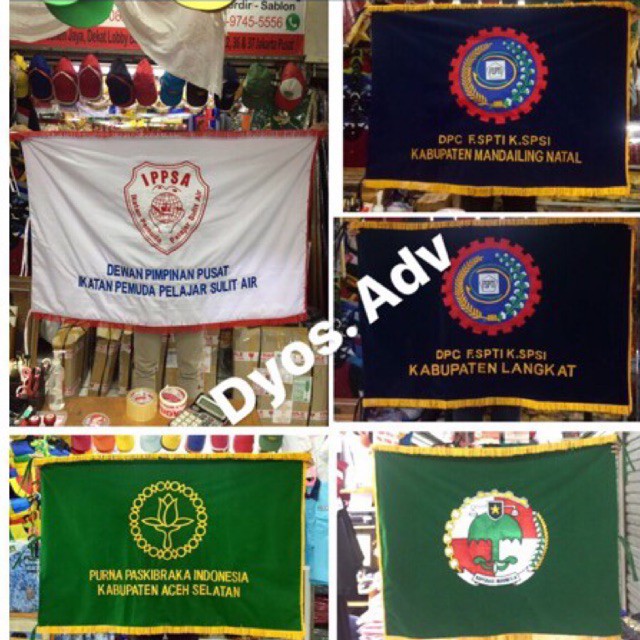 Bendera pataka bolak balik bahan bludru bordiran pakai rumbai