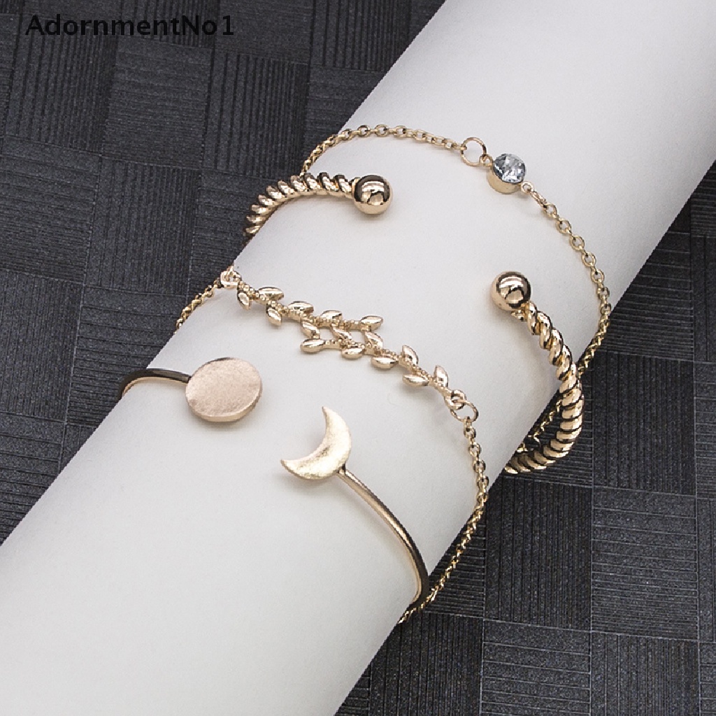 (AdornmentNo1) 4pcs / Set Gelang Tangan Alloy Gaya Bohemian Motif Daun + Bulan + Kristal Untuk Perhiasan Wanita, Handmade