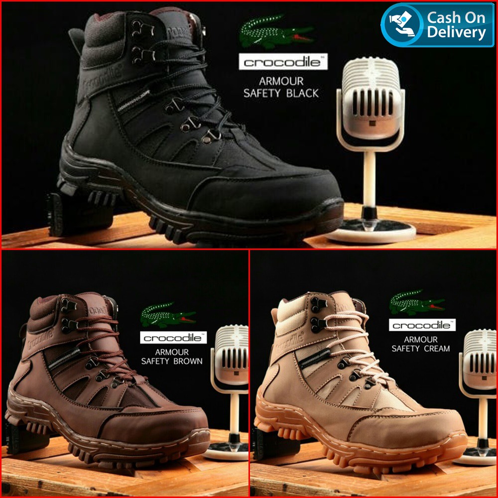 SM88 - Sepatu Boots Safety Pria Crocodile Armor Coklat Hiking Outdoor Tracking Bots Bikers Murah