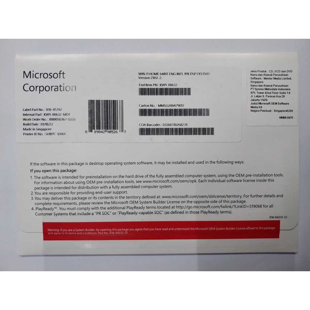 WINDOWS 11 ( PRO / HOME ) 64Bit Eng Int 1pk DSP OEI DVD (OEM)