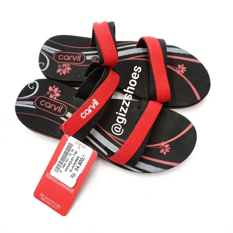 Carvil Momo 01 Sandal Rumah Jalan Hangout Anak Perempuan Cewek Ban 2 Selobong Slide Hitam Merah Flow
