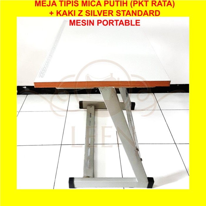 Meja Tipis MIKA PUTIH &amp; Kaki Z Silver SET Mesin Jahit Portable LEEN