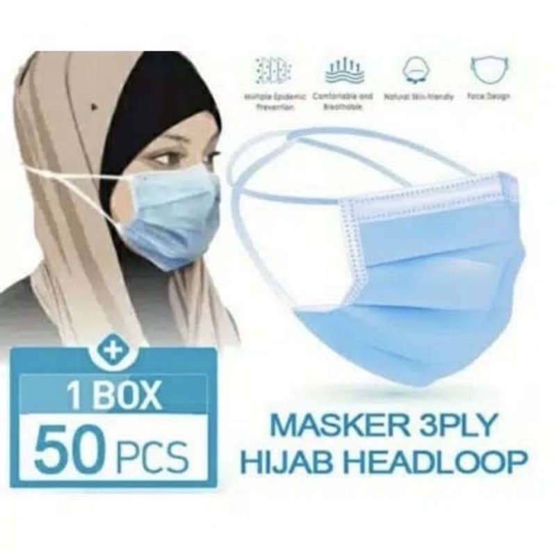 MASKER HEADLOOP/MASKER HIJAB 3PLY (50pcs)