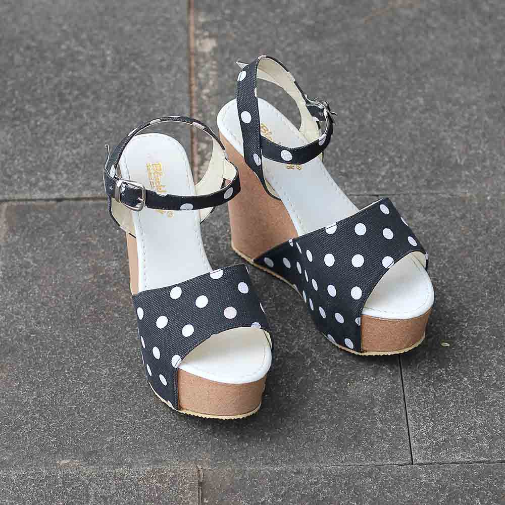 Sandal Wedges Wanita Fashion Tali Hak Heels 12 cm Polkadot Laica Series Blackkelly Original