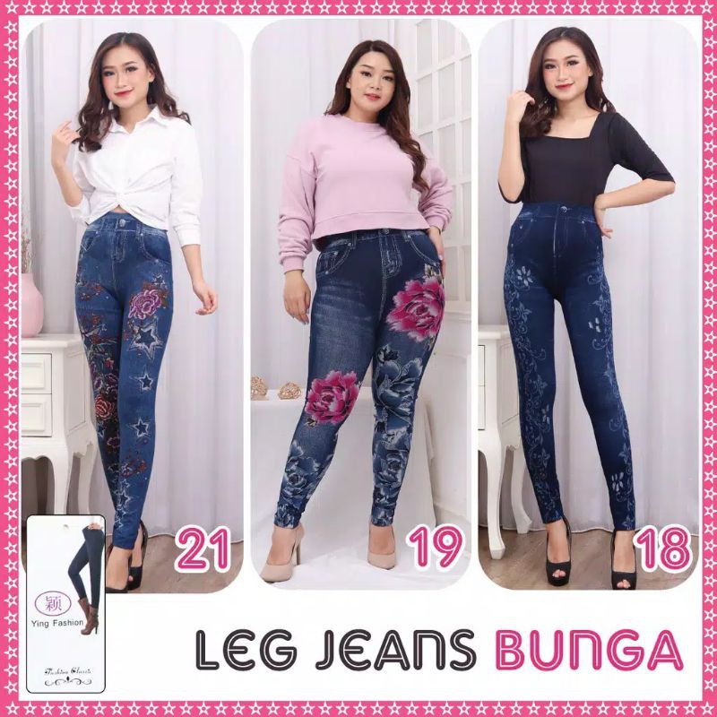 Celana Legging Comfy Premium Import Motif Jeans Bunga / Legging Jeans Bunga Import Jumbo