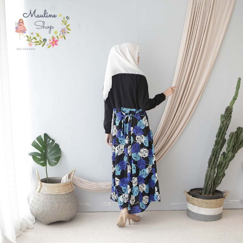 Dress baju gamis motif monstera daun janda bolong
