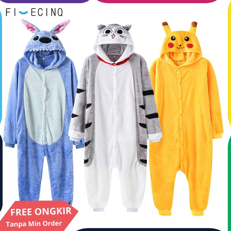 Hewan Onesie Kigurumi Dewasa Fancy Wanita Pria Kartun Beruang Unicorn Stitch Cosplay Anime Seluruh