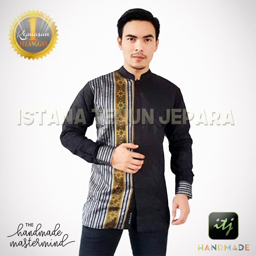 Baju Koko Pria Lengan Panjang Hitam / Kemeja Koko Tenun Baron Handmade